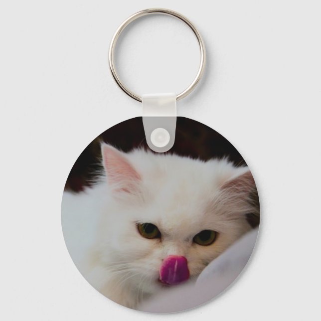 Cute Persian White Cat with Tongue Keychain (Front)