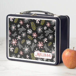 Cute Personal Metal Lunchbox black & pink floral