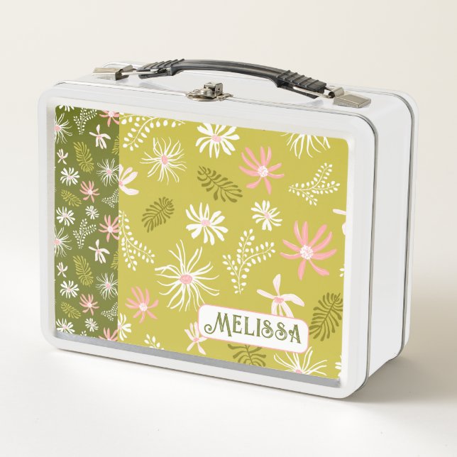 Cute Personal Metal Lunchbox green & pink floral (Front)