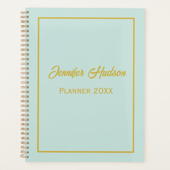Cute Personal Minimalist Geyser Blue, Gold Monthly Planner (Front)