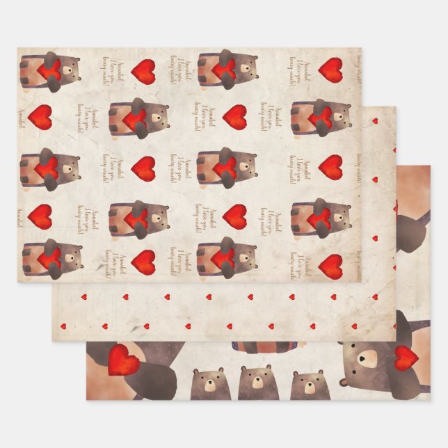 Cute Personalised Bear with heart Wrapping Paper Sheets (Set)