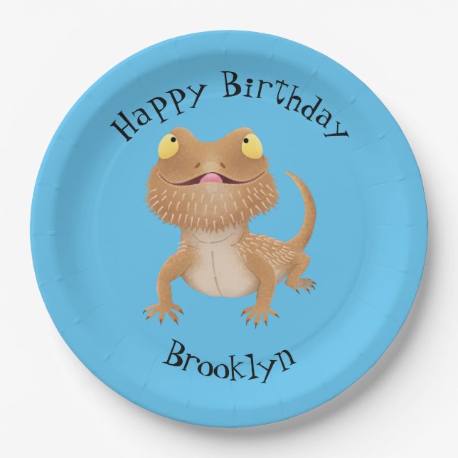 Cute personalised bearded dragon lizard birthday paper plates (Front)
