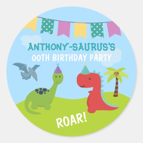 Cute Personalised Dinosaur themed Party Classic Round Sticker