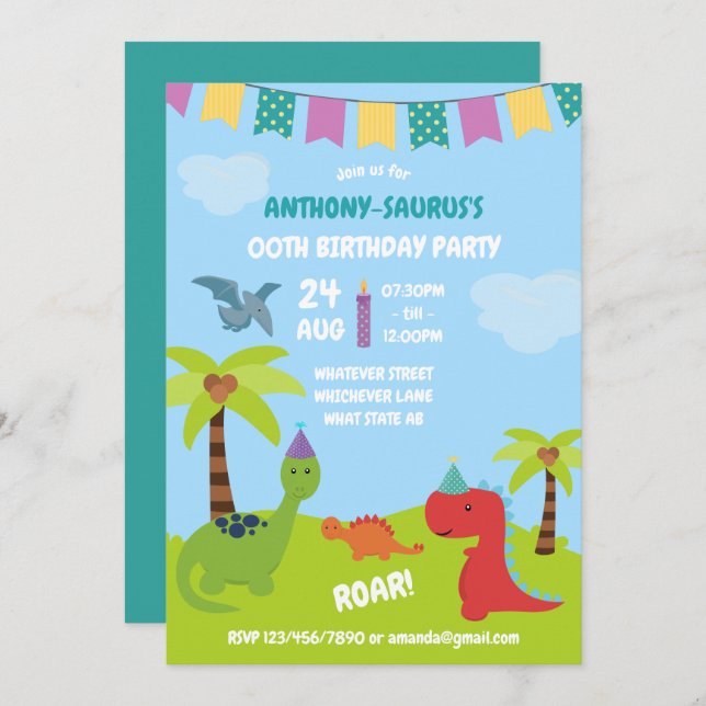 Cute Personalised Dinosaur themed Party Invitation (Front/Back)