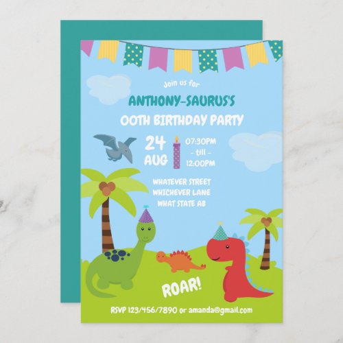 Cute Personalised Dinosaur themed Party Invitation