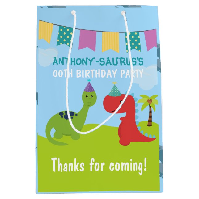 Cute Personalised Dinosaur themed Party Medium Gift Bag (Front)
