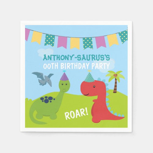 Cute Personalised Dinosaur themed Party Paper Napkins