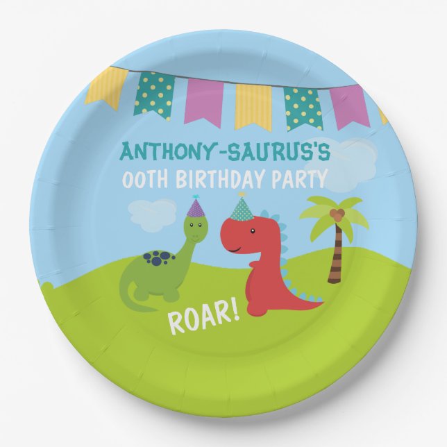 Cute Personalised Dinosaur themed Party Paper Plates (Front)