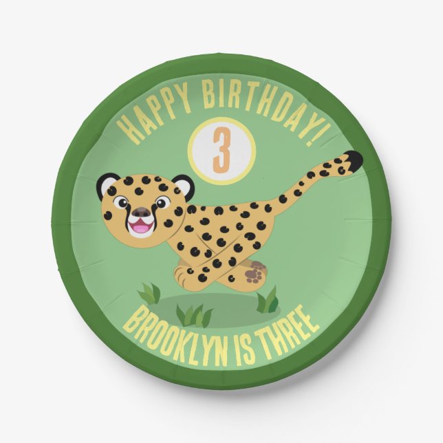 Cute personalised happy cheetah birthday cartoon paper plates (Front)