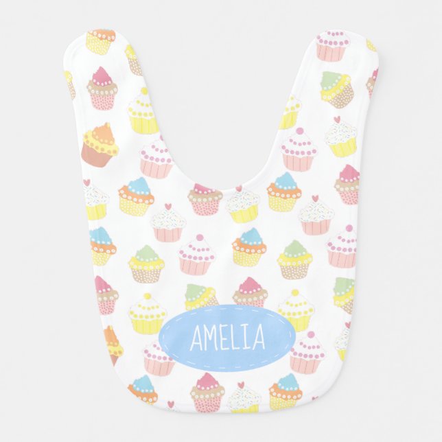 Cute Personalised Pastel Cupcake Pattern Baby Bib (Front)