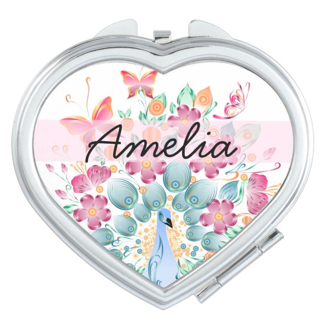 Cute Personalised Peacock Floral Compact Mirror (Front)