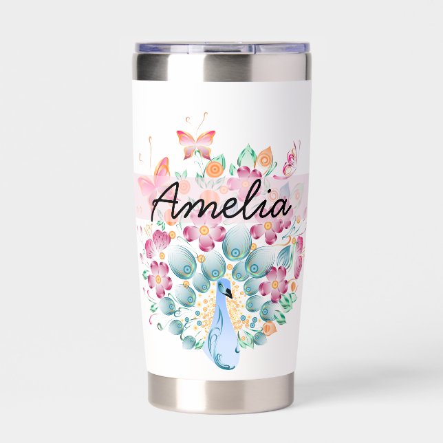 Cute Personalised Peacock Floral Insulated Tumbler (Front)