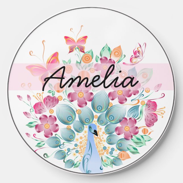 Cute Personalised Peacock Floral Wireless Charger (Front)