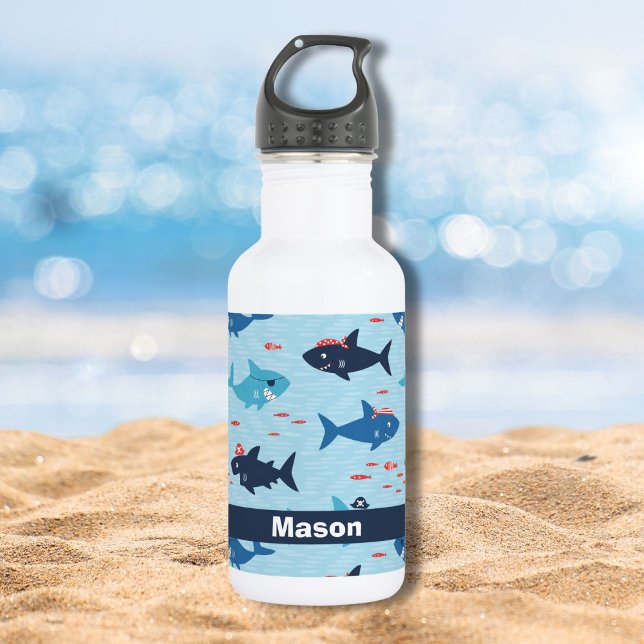 Cute personalizable funny sharks with pirate hats stainless steel water bottle (Creator Uploaded)