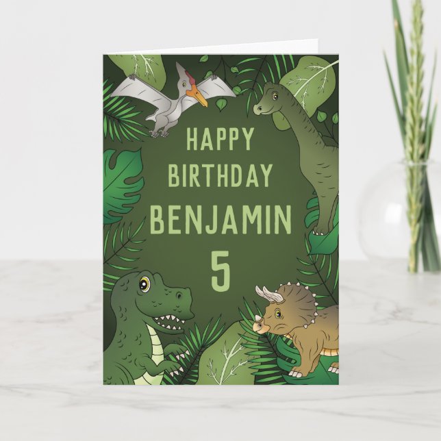 Cute Personalizable Kid's Dinosaurs Happy Birthday Card (Front)