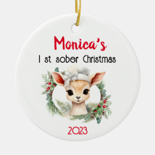 Cute Personalizable Name & Sobriety Date Christmas Ceramic Ornament