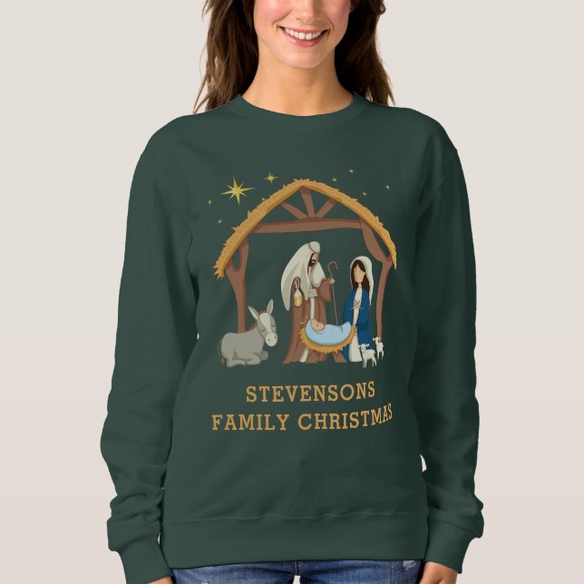 Cute Personalize Family Christmas Baby in a Manger Sweatshirt (Front)