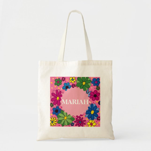 Cute Personalize Floral on Bright Pink Bag (Front)