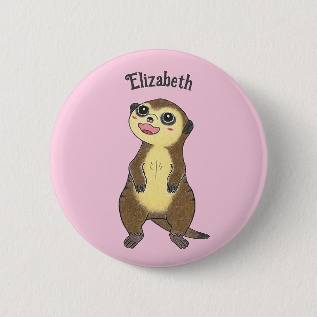 Cute Personalize Meerkat Cartoon Pink Button (Front)