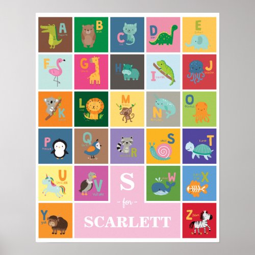 Cute Personalized Animal Alphabet Kids Play Room Poster