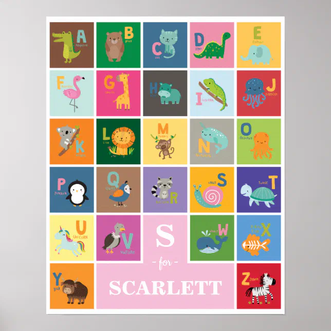 Cute Personalized Animal Alphabet Kids Play Room Poster | Zazzle