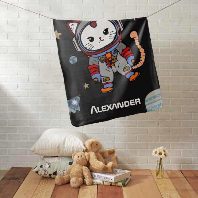 Cute Personalized Astronaut Cat Baby Blanket (In Situ)