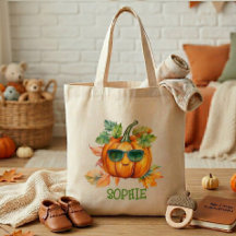 Cute Personalized Autumn Pumpkin Kids Tote Bag