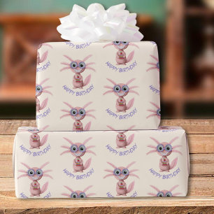 Cute Personalized Axolotl Books Birthday Party Wrapping Paper
