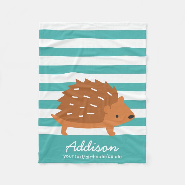 Cute Personalized Baby Hedgehog Animal Striped Fleece Blanket (Front)