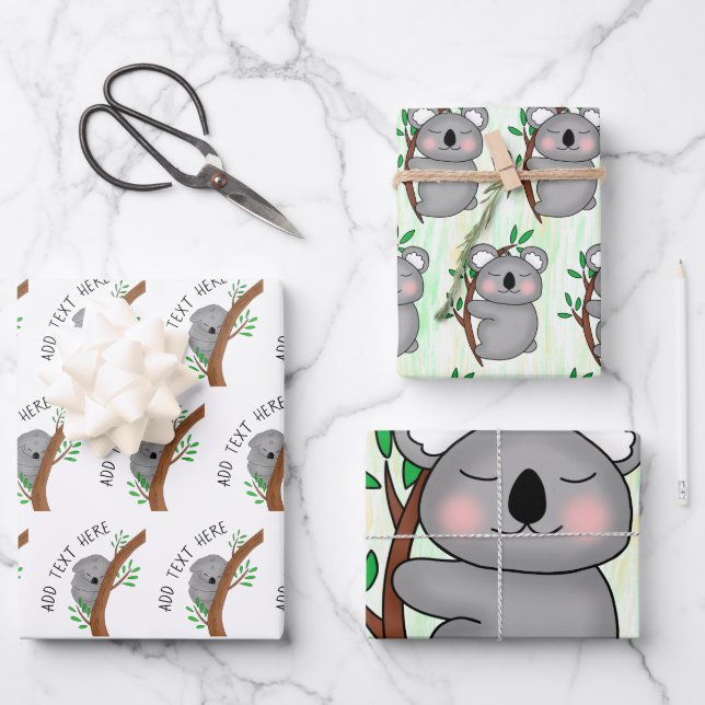 Cute Personalized Baby Koala Bear Baby Shower Wrapping Paper Sheets (Front)