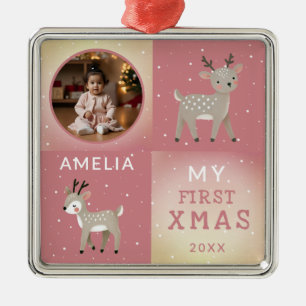Cute Personalized Baby Photo Reindeer Christmas Metal Ornament
