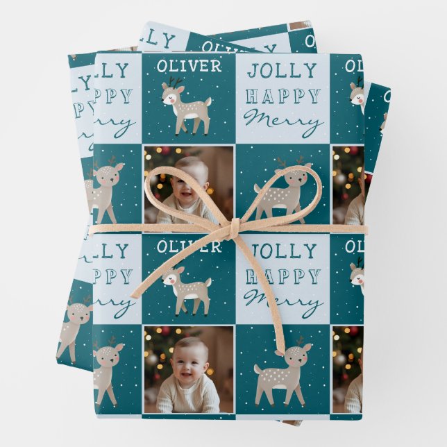 Cute Personalized Baby Photo Reindeer Christmas Wrapping Paper Sheets (In situ)