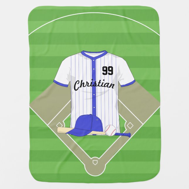 Cute Personalized Baseball Blue Baby Blanket (Front)