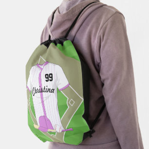 Cute Personalized Baseball pink Drawstring Bag