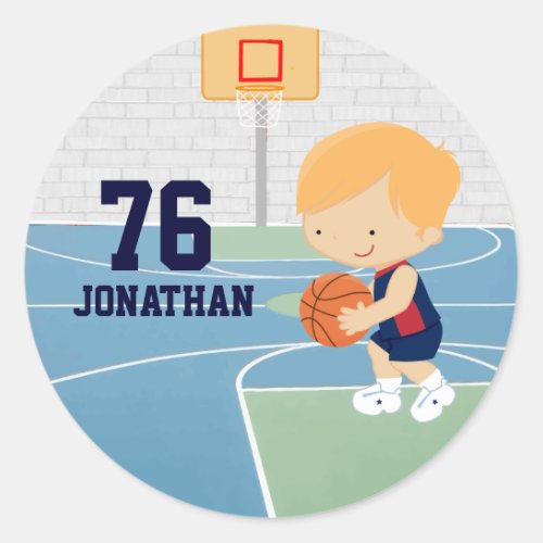 Cute Personalized Basketball Player blonde navy Classic Round Sticker