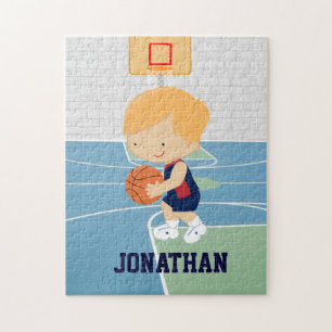 Cute Personalized Basketball Player blonde navy Jigsaw Puzzle