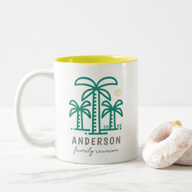Cute Personalized Beach Family Reunion Two-Tone Coffee Mug (With Donut)