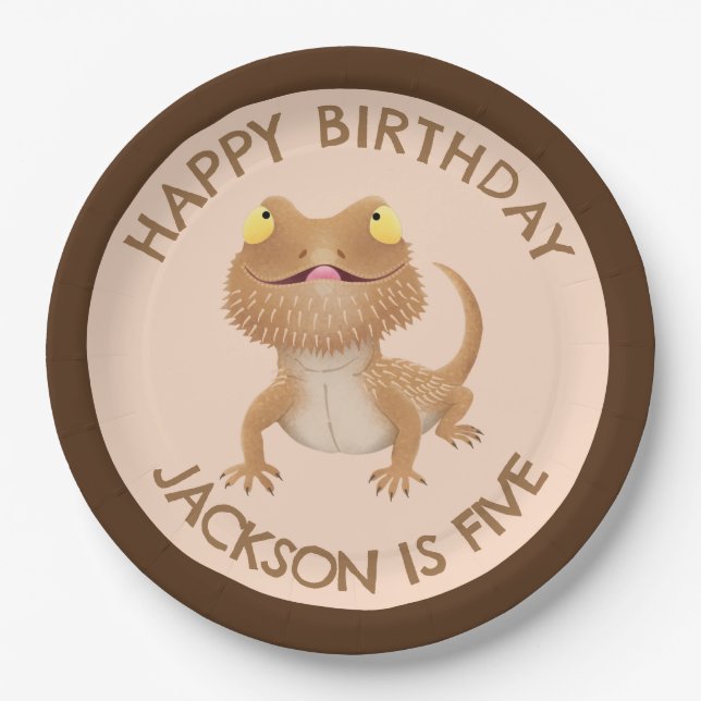 Cute personalized bearded dragon lizard birthday paper plates (Front)