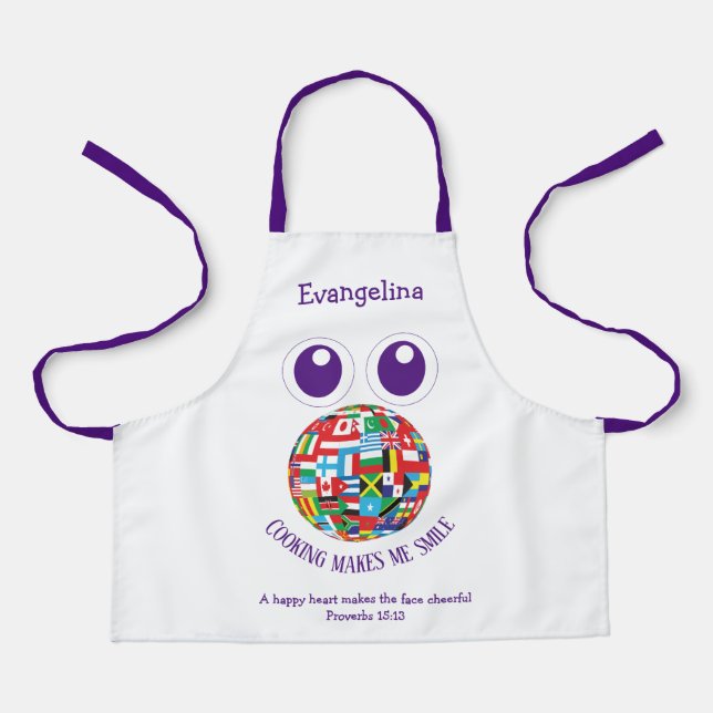 Cute Personalized Bible Verse World Flags Kids Apron (Front)