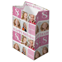 Cute Personalized Birthday Girl Photo Collage Pink Medium Gift Bag