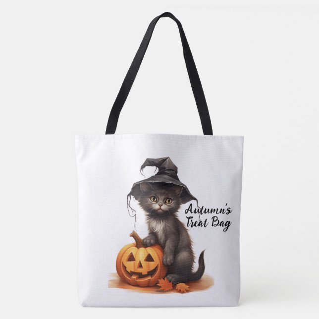Cute Personalized Black Cat and Pumpkin Tote Bag (Front)