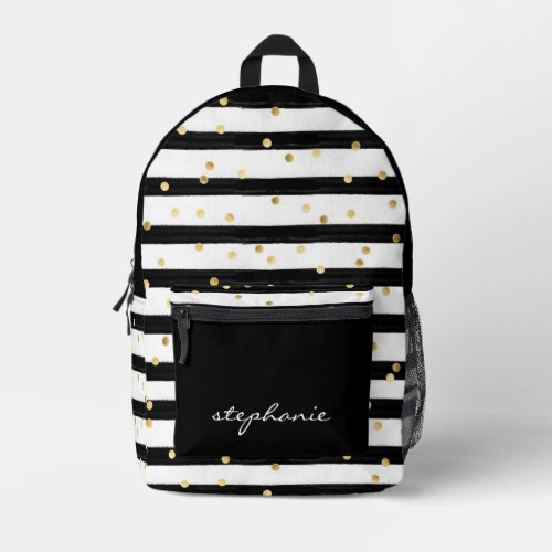 Cute Personalized Black Stripe and Gold Confetti Printed Backpack