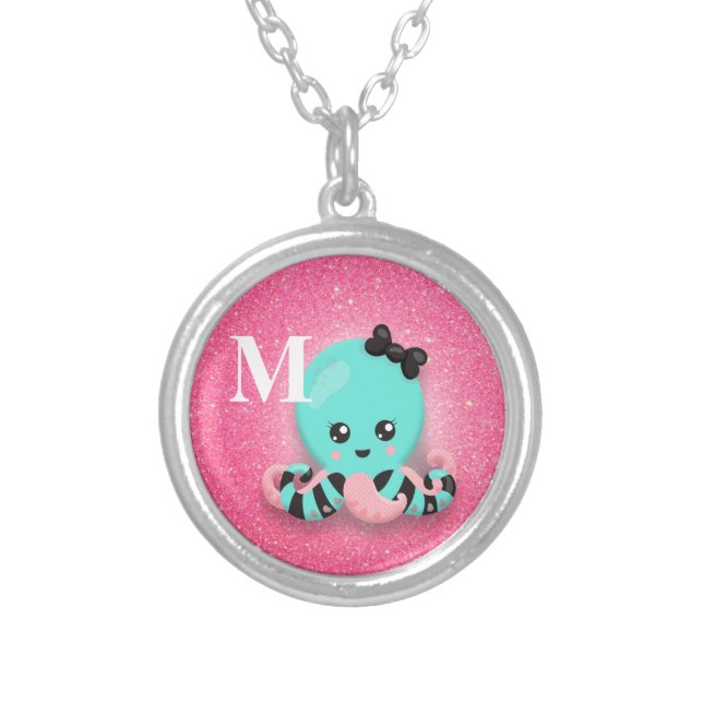 Cute Personalized Blue and Pink Octopus Glitter Silver Plated Necklace (Front)