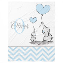 Cute Personalized Blue Grey Elephant Chevron Baby Fleece Blanket