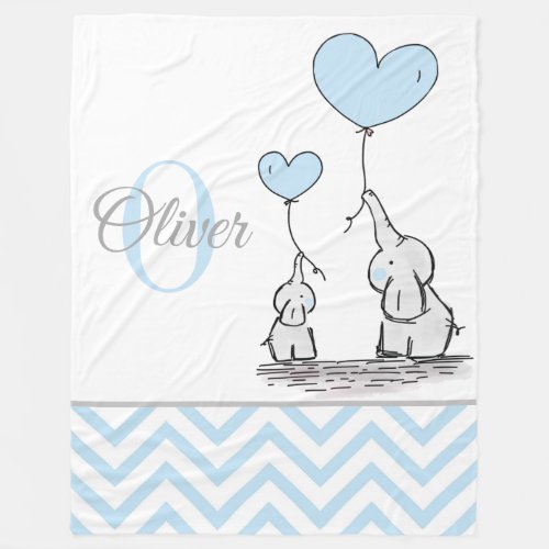 Cute Personalized Blue Grey Elephant Chevron Baby Fleece Blanket