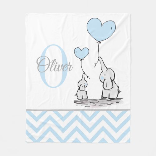 Cute Personalized Blue Grey Elephant Chevron Baby Fleece Blanket