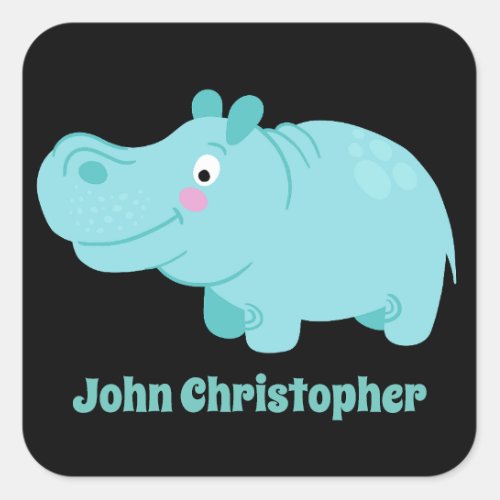 Cute Personalized Blue Hippo Sticker Kids Labels 