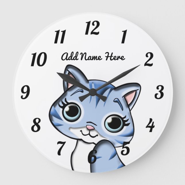 Cute Personalized Blue Kitten Large Clock (Front)