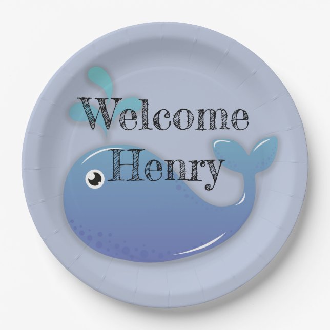 Cute Personalized Blue Whale Baby Shower Paper Plates (Front)