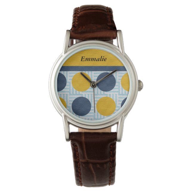 Cute Personalized Blue Yellow Polka Dot Watch (Front)
